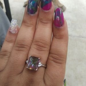 Sterling Silver Ring Princess Cut Mystic Rainbow